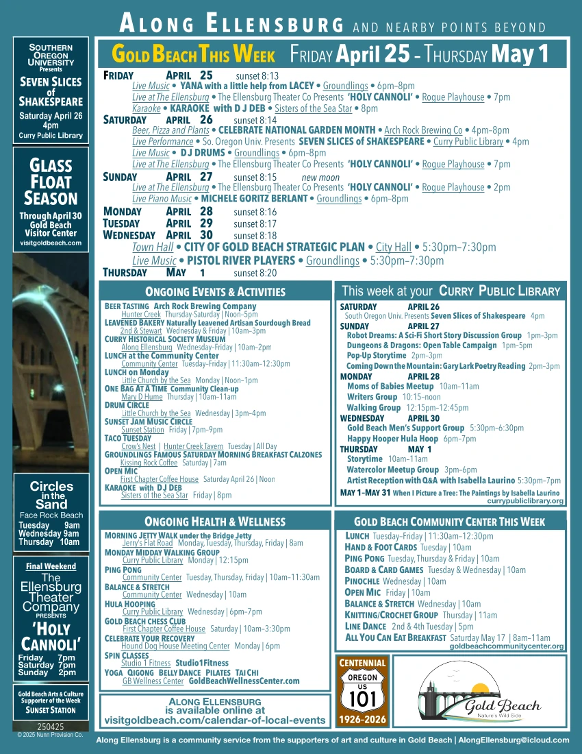 250425 Along Ellensburg.pages Calendar of Local Gold Beach Events